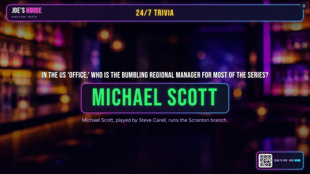 A 24/7 Trivia answer on the bar TV