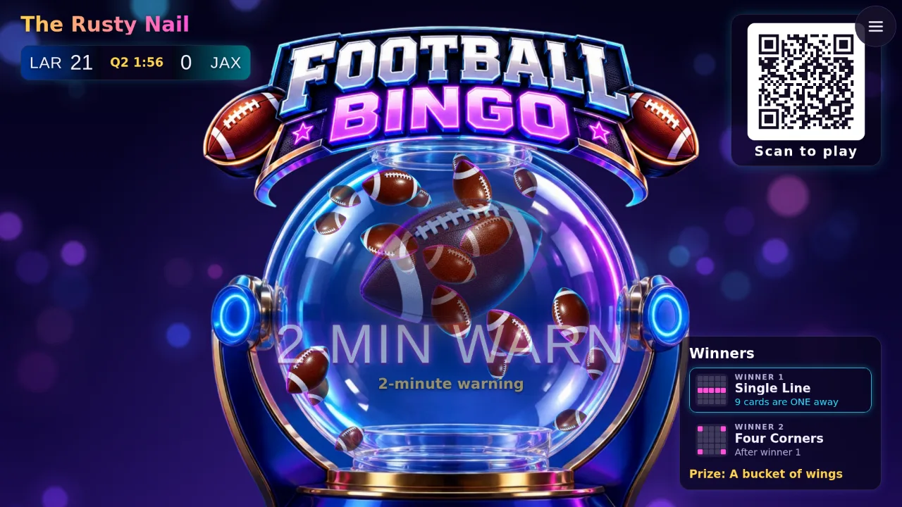 Football Bingo on a bar TV: the blower of footballs, the live score of the game, the QR code to scan and the winners board