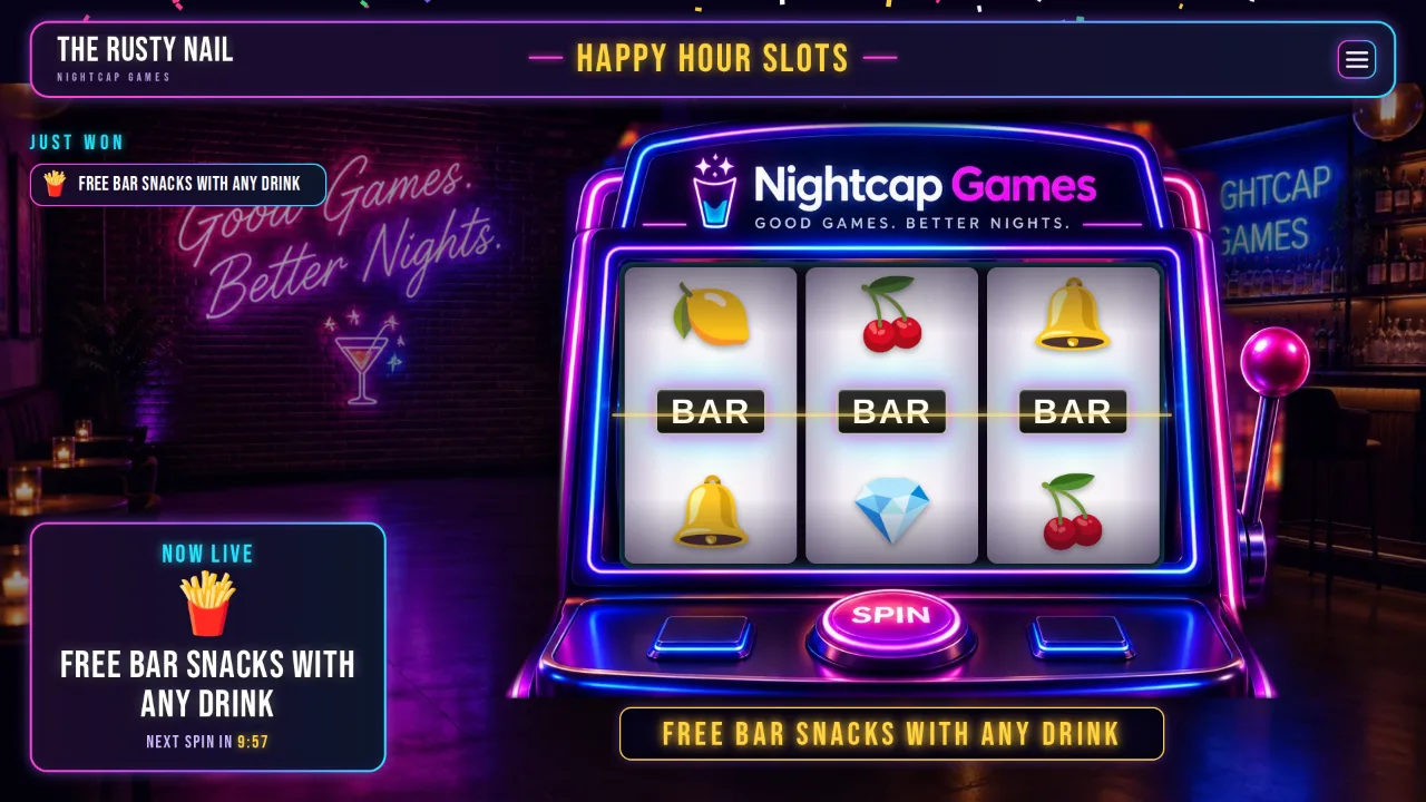 Happy Hour Slots on the bar TV, the reels spinning