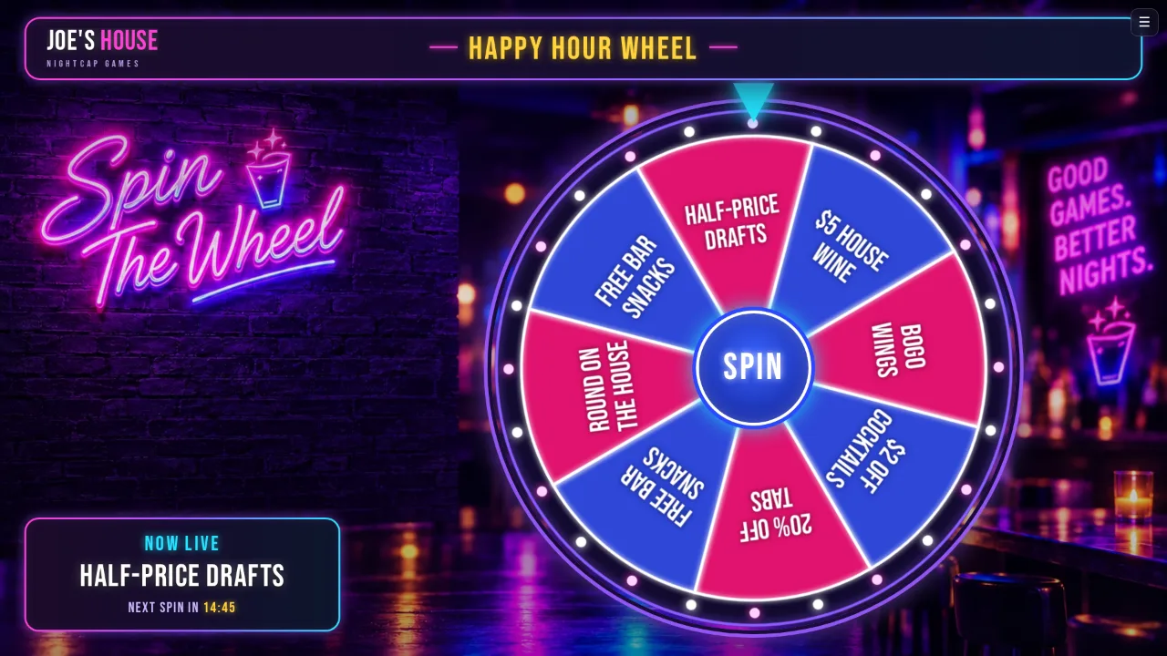 The Happy Hour Wheel on the bar TV