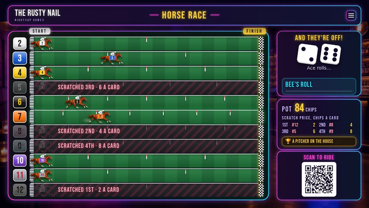 Horse Race on the bar TV: eleven horses on the track, the dice and the pot
