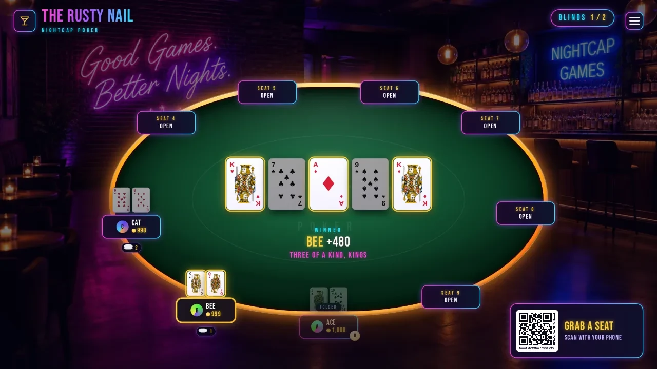 A poker hand on the bar TV, with the board, the pot and the seats round the felt