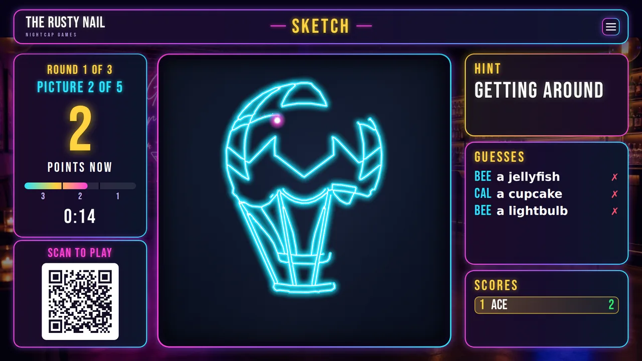 Sketch on the bar TV: a picture drawn in neon, the hint and the guesses
